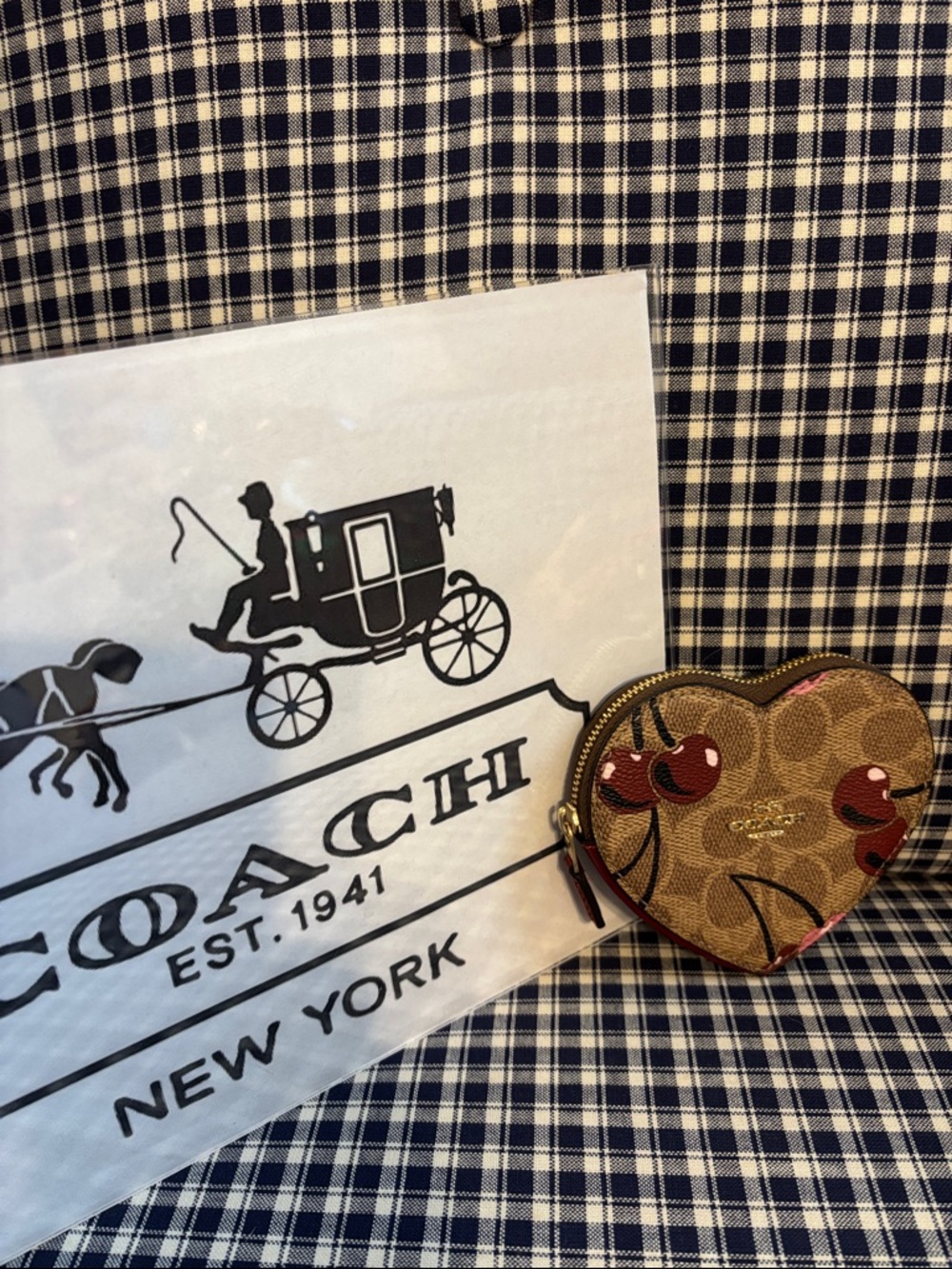 Coach Brown Signature Canvas Heart Coin Purse with Red Cherry Print